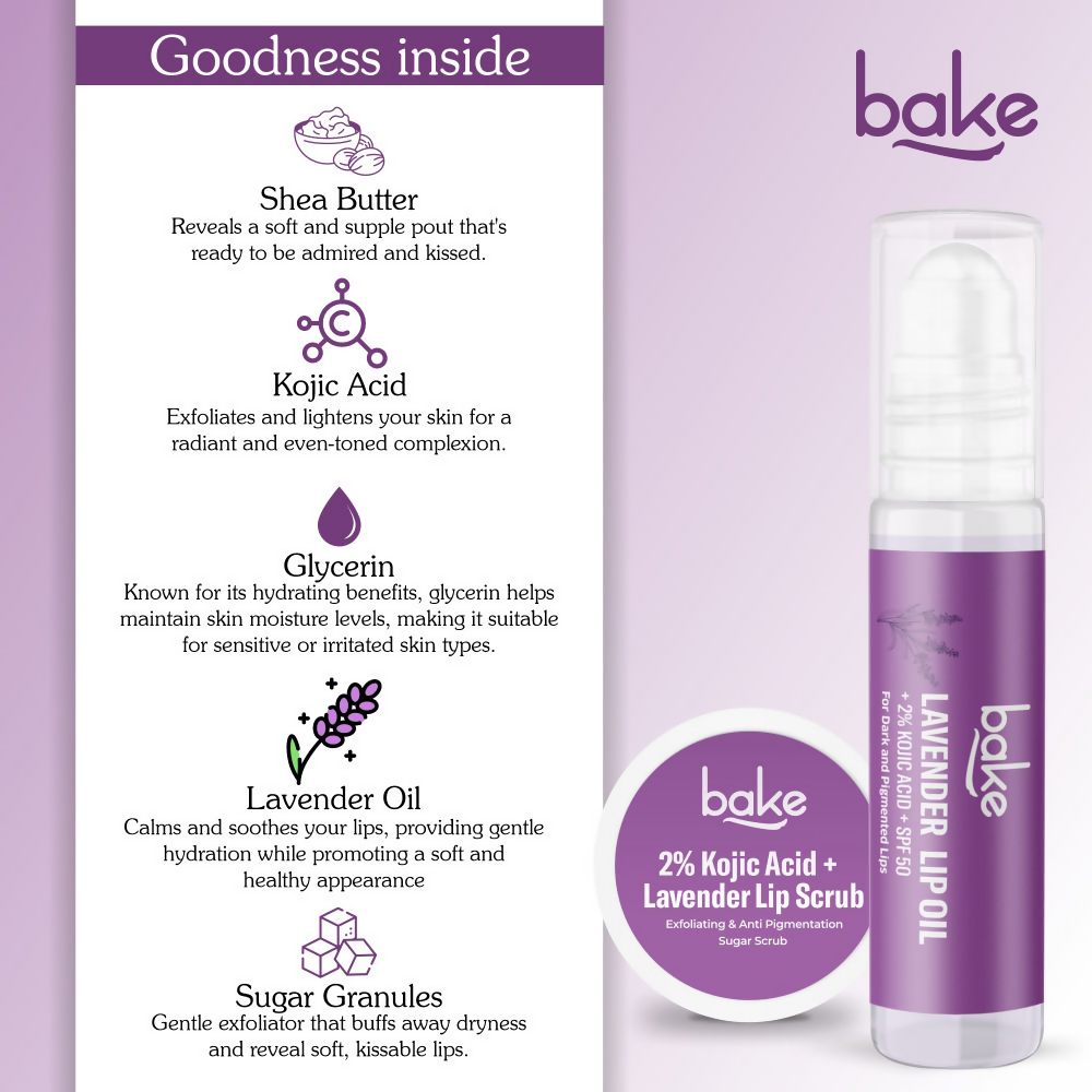 Bake Kojic Acid Lavender Lip Kit With Lip Balm SPF 50 & Lip Scrub For Dark & Pigmented Lips