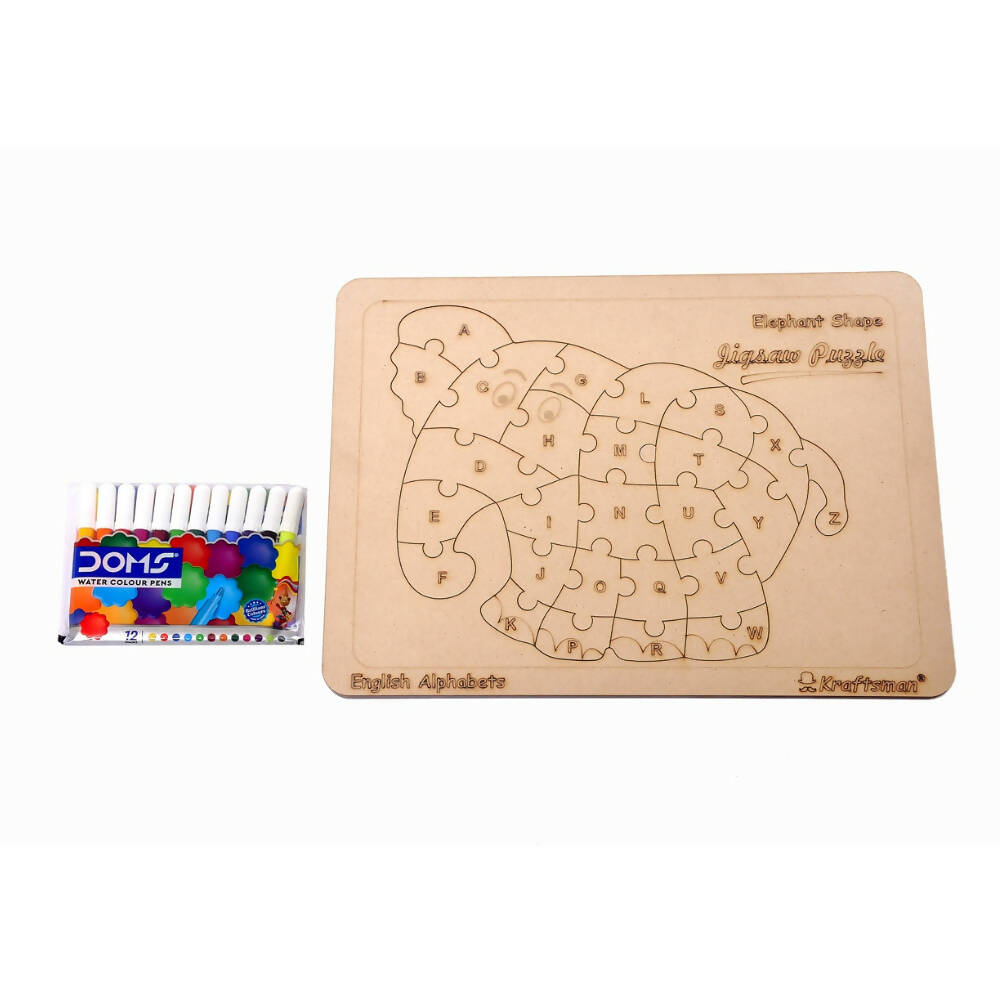Kraftsman English Alphabets Wooden Jigsaw Puzzles Elephant Shape Puzzle | Color Kit Included
