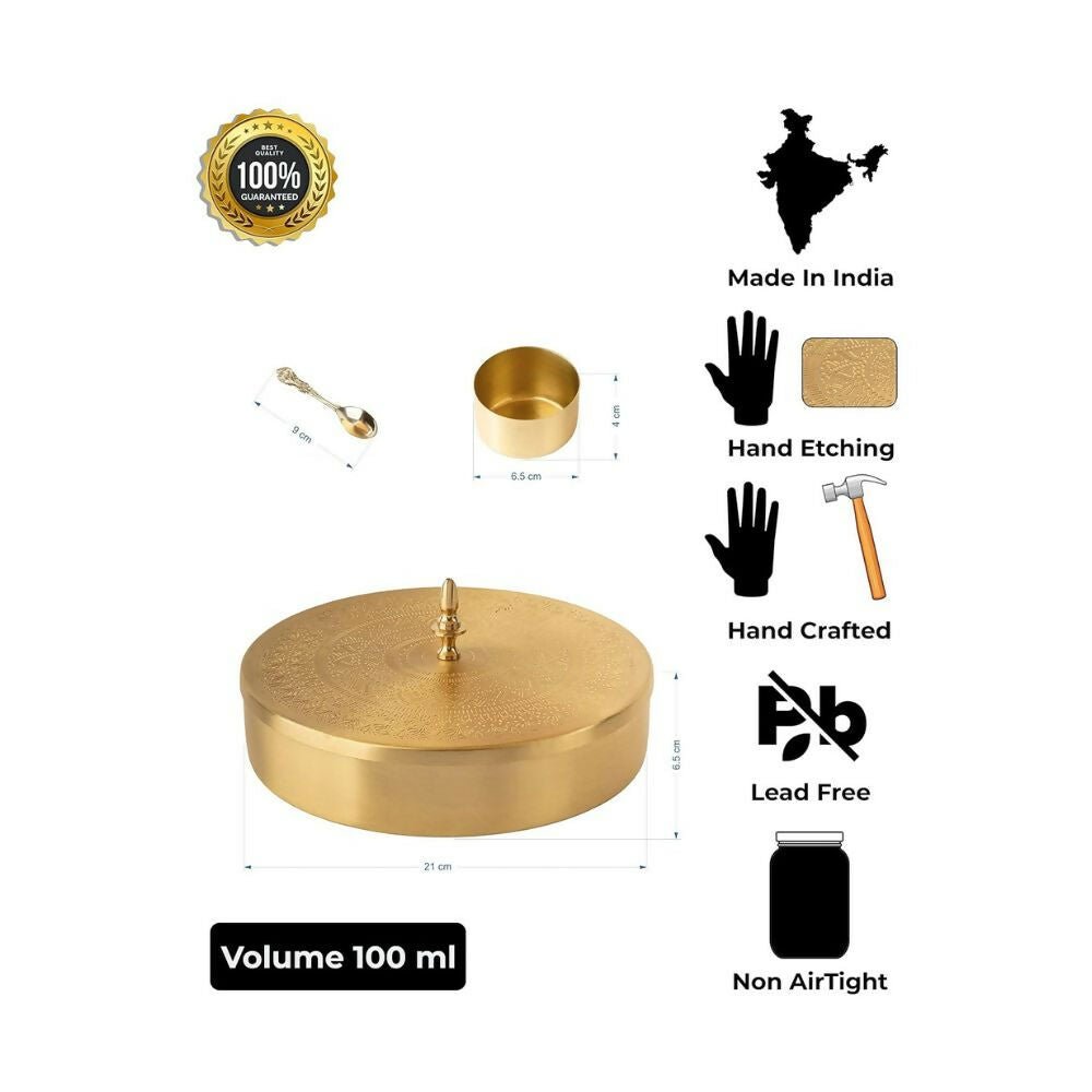 Akshata 06 Hand Etched Brass Spice Box Set for Kitchen with Spoon (7 Containers)