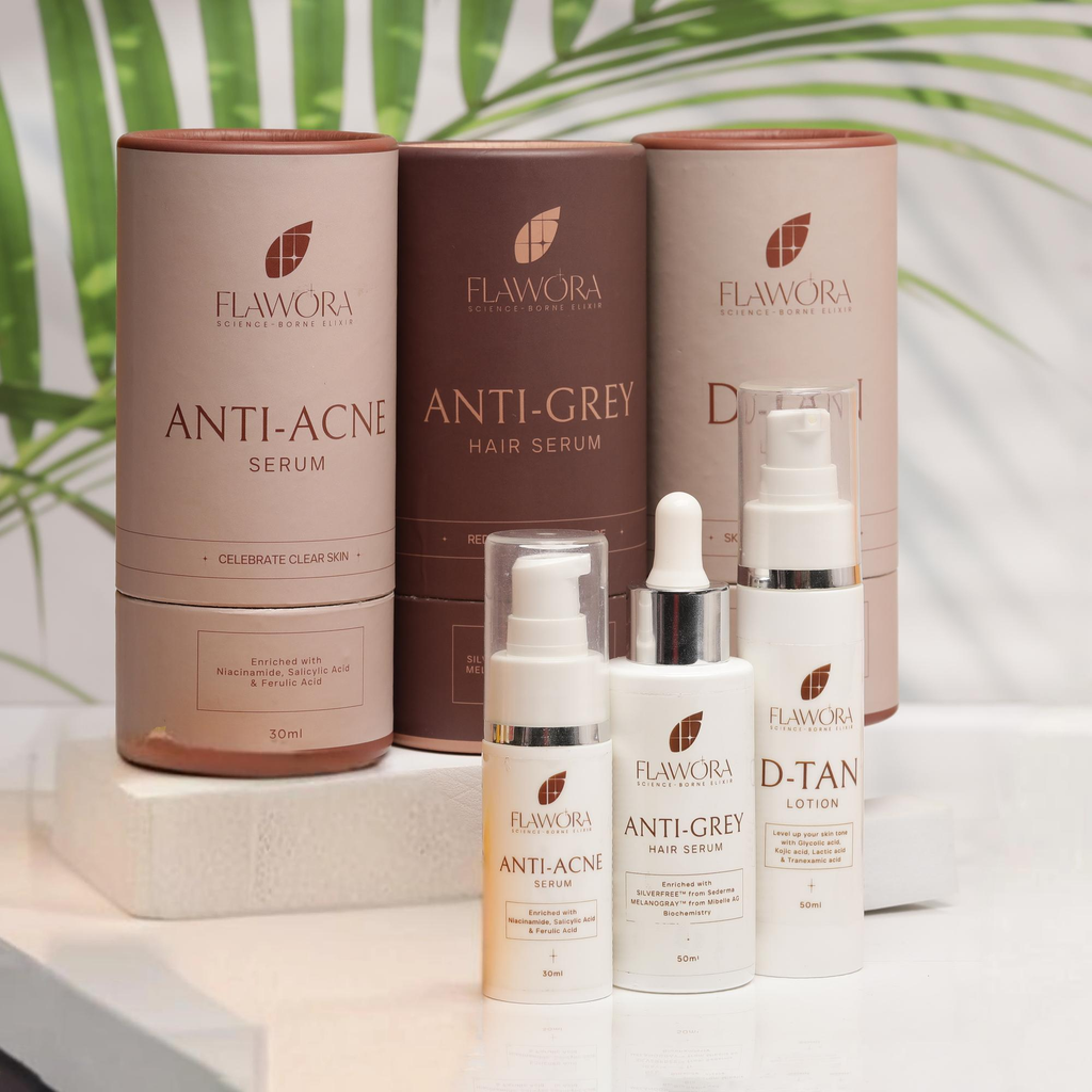 Flawora Anti-Grey Hair Serum, Anti Acne Serum and D-Tan Lotion Combo