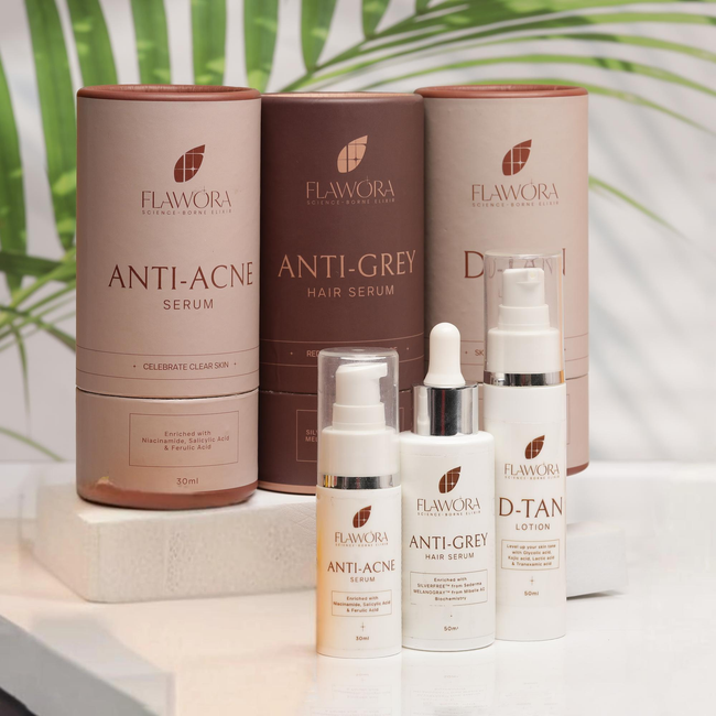 Flawora Anti-Grey Hair Serum, Anti Acne Serum and D-Tan Lotion Combo Hover Image
