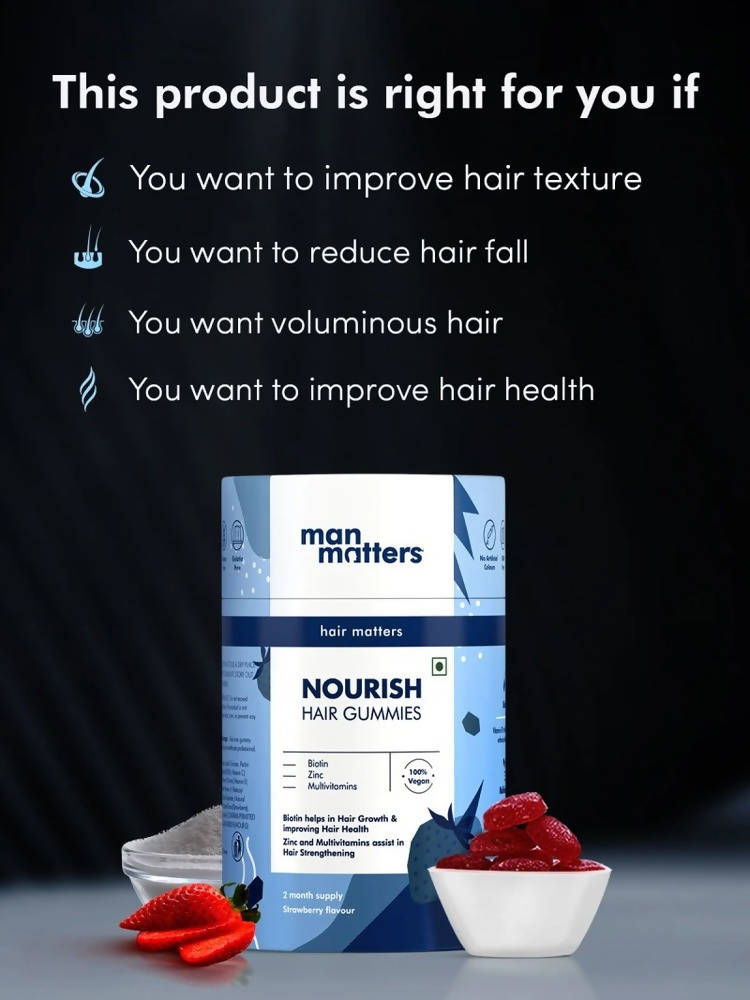 Man Matters Biotin Nourish Hair Gummies With Multivitamins (Sugar Free) - Strawberry Flavor With Zinc & Multivitamins