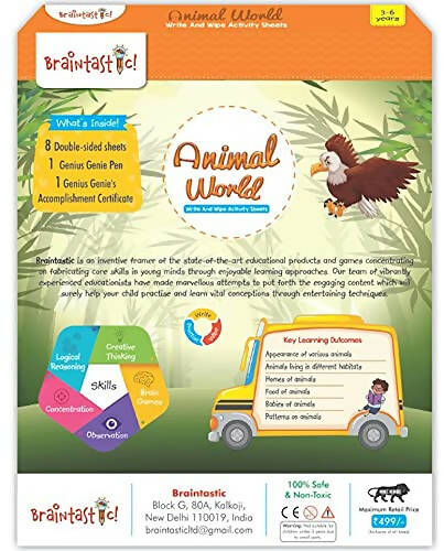 Braintastic Educational Game (3-6 yrs):Animal World / Kids Toys/Write & Wipe Activity Sheets/ Free 12 pc Puzzles Main Image