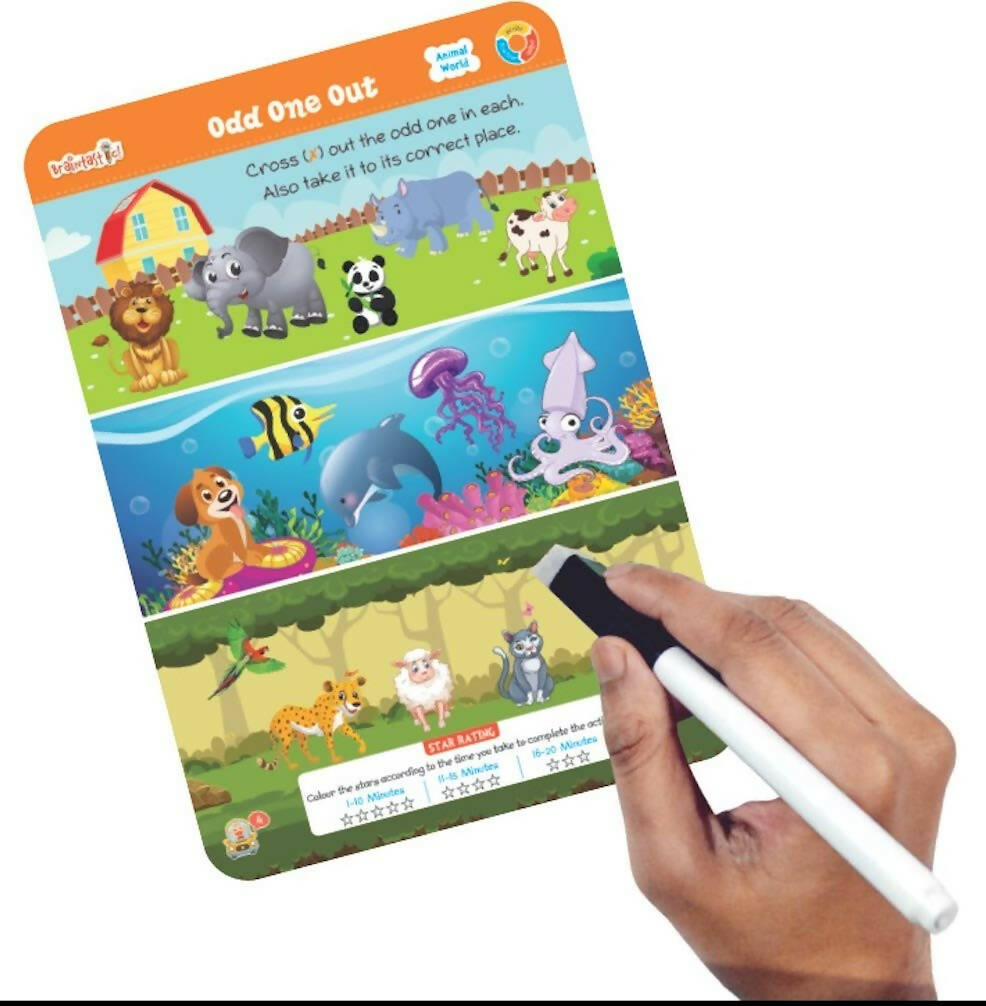 Braintastic Educational Game (3-6 yrs):Animal World / Kids Toys/Write & Wipe Activity Sheets/ Free 12 pc Puzzles