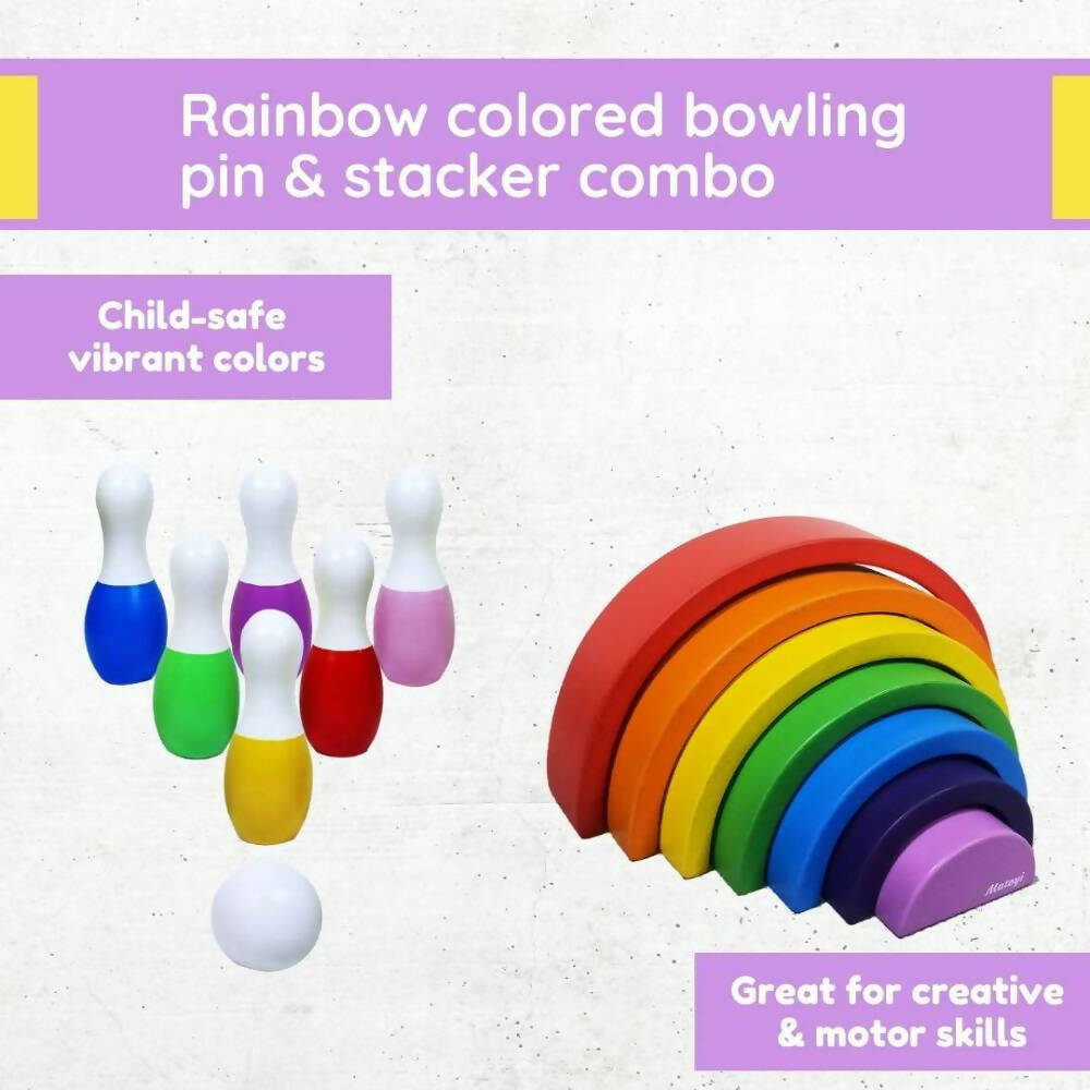 Matoyi Rainbow Colored Bowling Pin And Stacker Combo