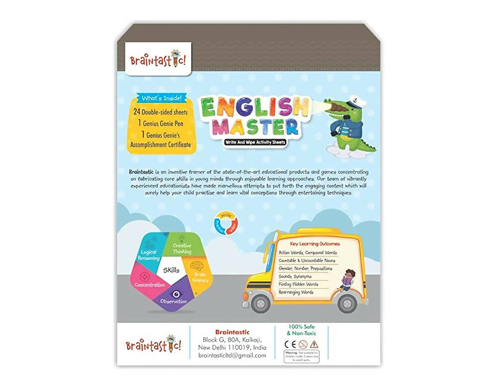 Braintastic Educational Game: English Master (6-99 Years) / Write & Wipe Reusable Activity Sheets/Kids Toy/ Free Puzzle