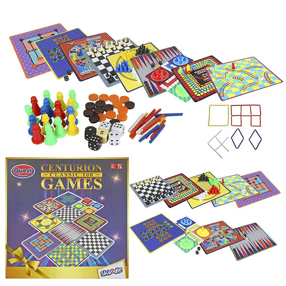 Skoodle Quest Centurion 5 Double Sided 100 Classic Family Board Games Collection 3D Box for Adults & Kids Chess, Ludo, Checkers & More - Age 3+Years