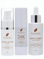 Flawora Anti-Grey Hair Serum, Anti Acne Serum & Gold Face Serum Combo
