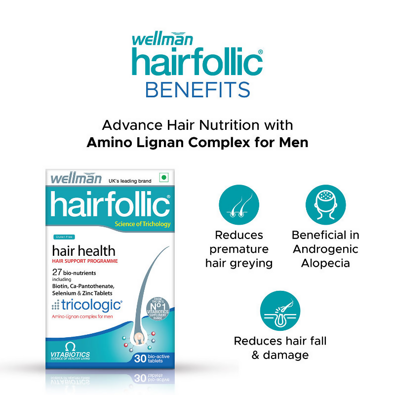 Wellman Hairfollic UK's No.1 Hair Supplement Tablets For Men ( Tricologic Formula 30 Vitamins & Minerals)
