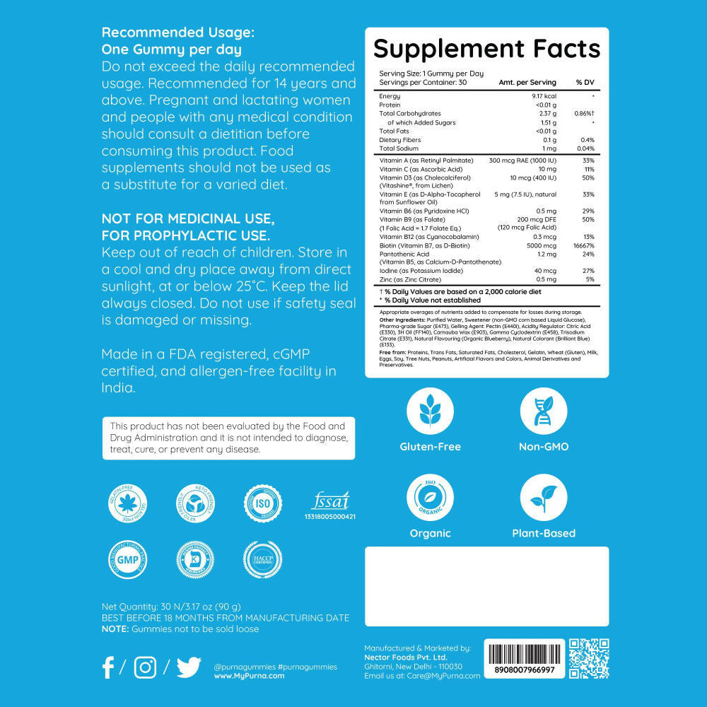 Purna Gummies Biotin Blueberry Flavour Gummies with Vitamin B 12 for Stronger Hair and Nails