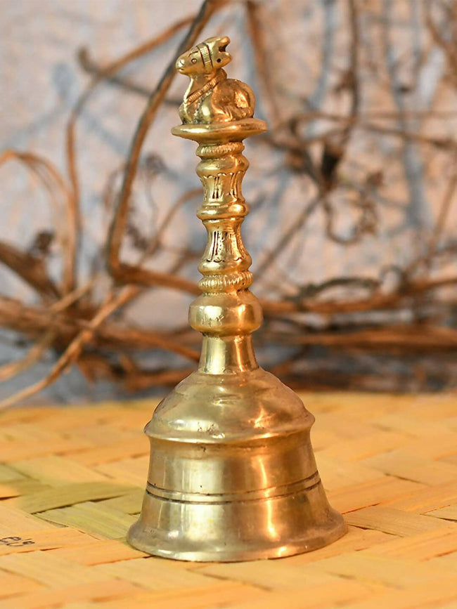 CraftVatika Gold-Toned Brass Hand Held Pooja Bell Hover Image