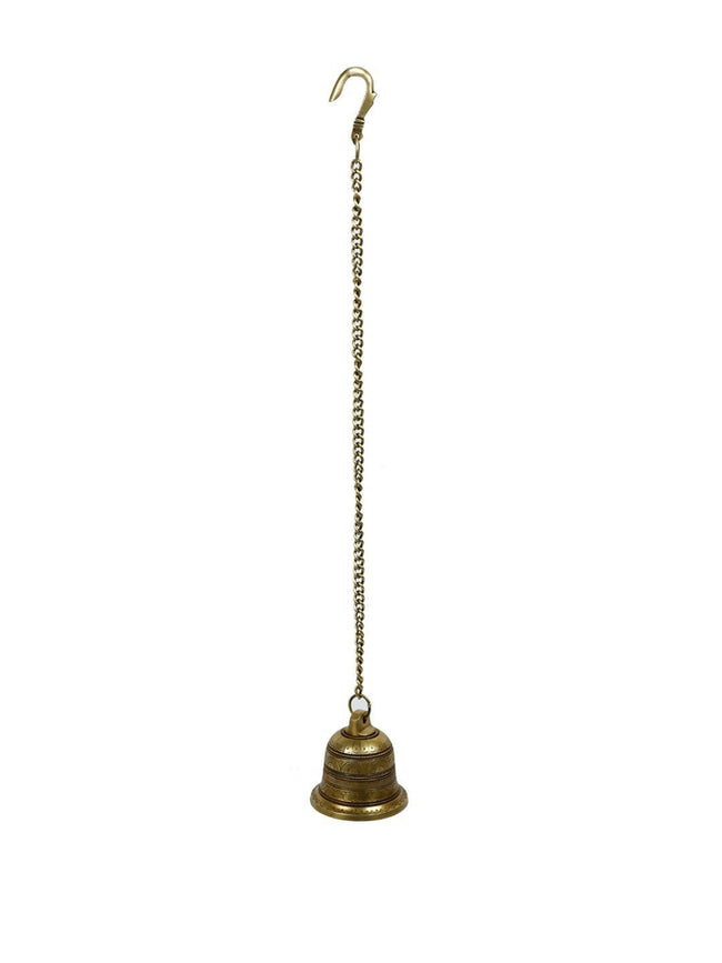 CraftVatika Gold-Toned Brass Hanging Bell with Attached Chain & Hook Main Image