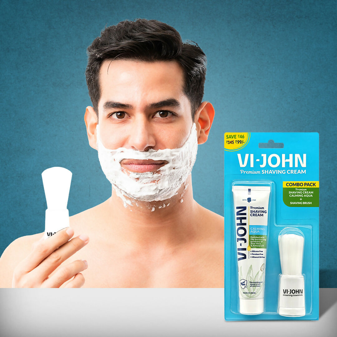 VI-JOHN Dermatologically Tested Premium Purifying Charcoal Shaving Cream With Shaving Brush Enriched with Aloevera & Jojoba Oil Free From Silicone, Paraben & Mineral Oil