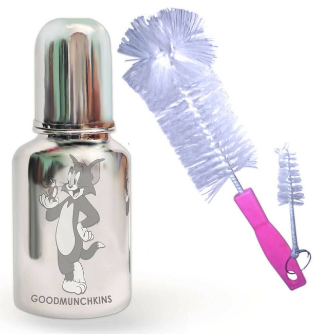 Goodmunchkins Stainless Steel Baby Feeding Bottle 304 Grade for Infants/Toddlers with Bottle Cleaning Pink Brush-300ml Hover Image
