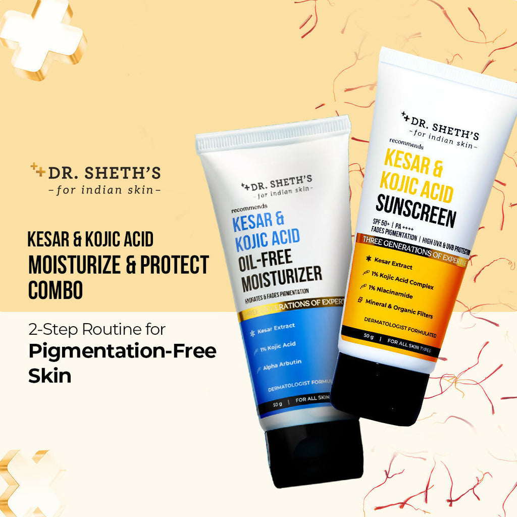 Dr. Sheth's Kesar & Kojic Acid Sunscreen & Oil-Free Moisturizer Combo - Hydrates & Fades Pigmentation