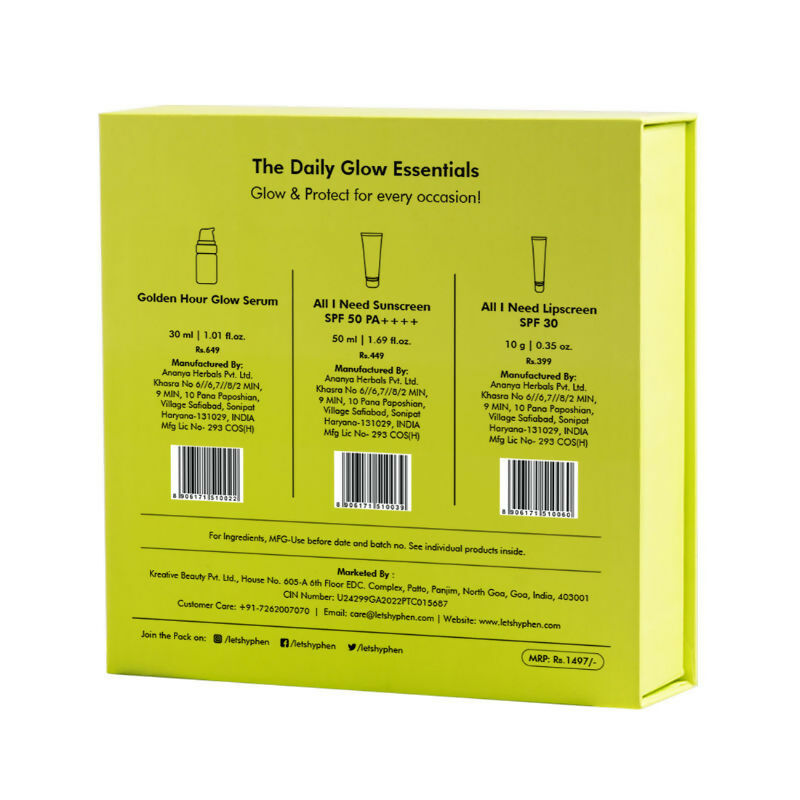 Hyphen By Kriti Sanon Daily Glow Essentials Gift Kit with Complete Skin Care Routine, with Face Serum, Moisturizing Sunscreen SPF & Lip Balm