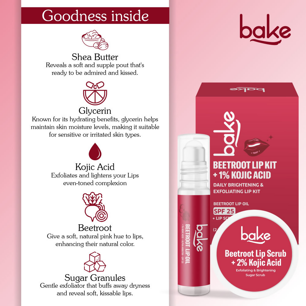 Bake Kojic Acid Beetroot Lip Kit With Lip Balm SPF 25 & Lip Scrub For Dark & Pigmented Lips