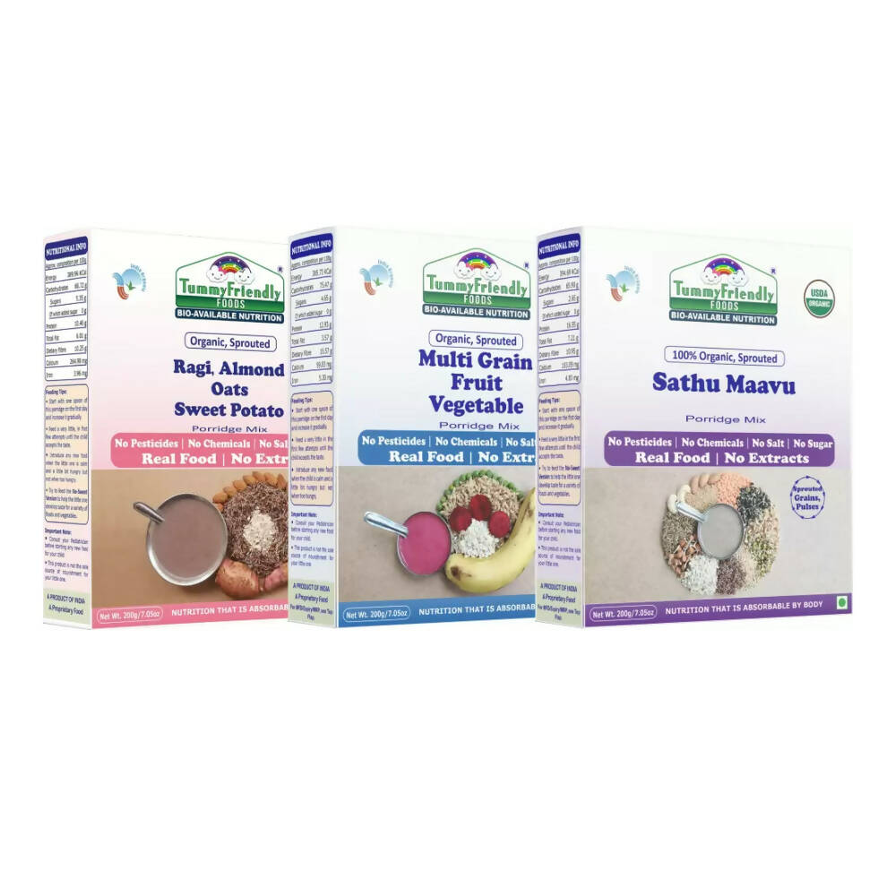 TummyFriendly Foods Certified Organic Multi-Grain, Sprouted Ragi, Oats, Red Lentil, Banana and Sathu Maavu Porridge Mixes Combo