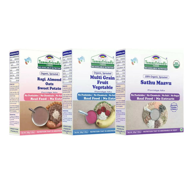 TummyFriendly Foods Certified Organic Multi-Grain, Sprouted Ragi, Oats, Red Lentil, Banana and Sathu Maavu Porridge Mixes Combo Hover Image