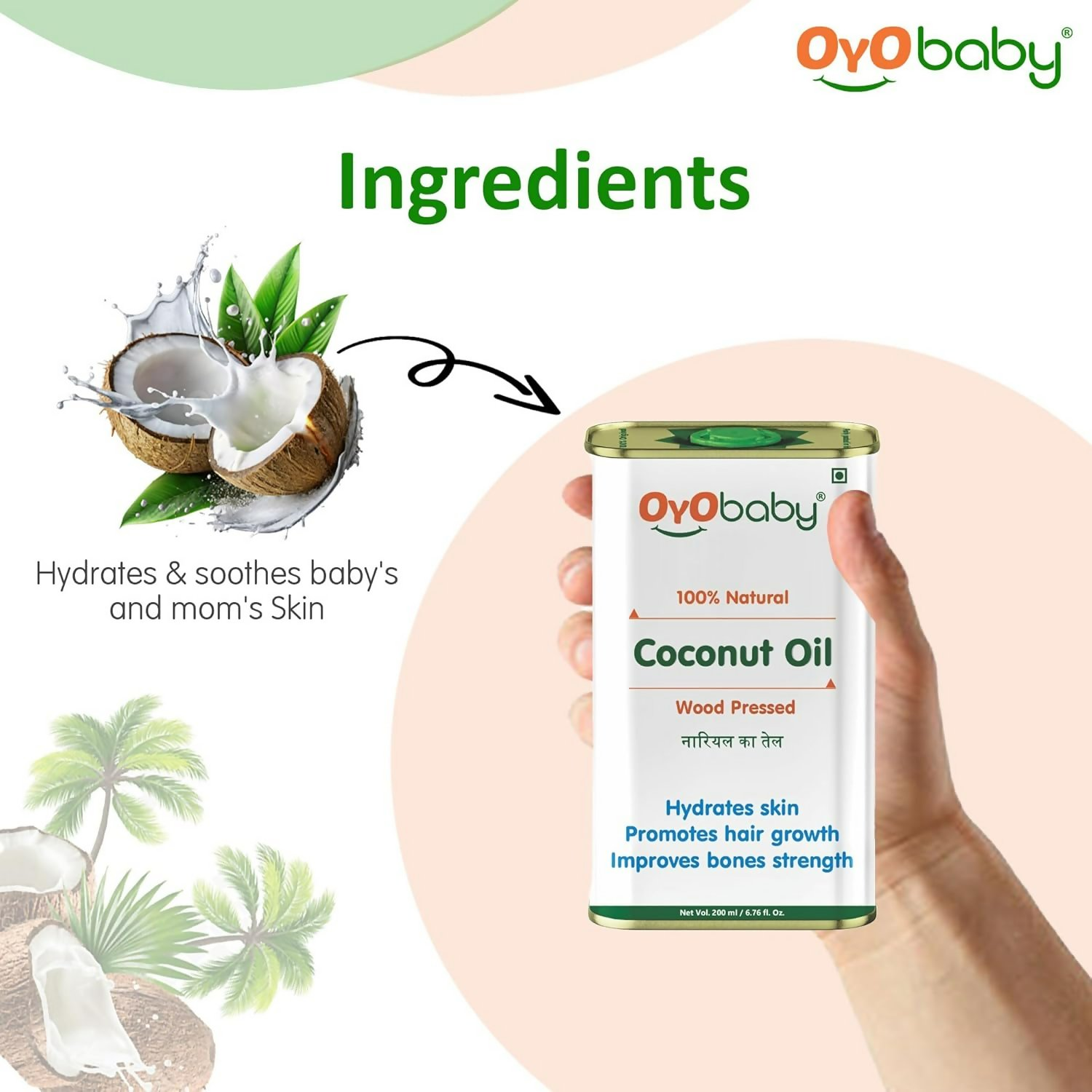 Oyo Baby 100% Natural Baby Oil For New Born Wood Pressed Coconut Baby Hair Oil