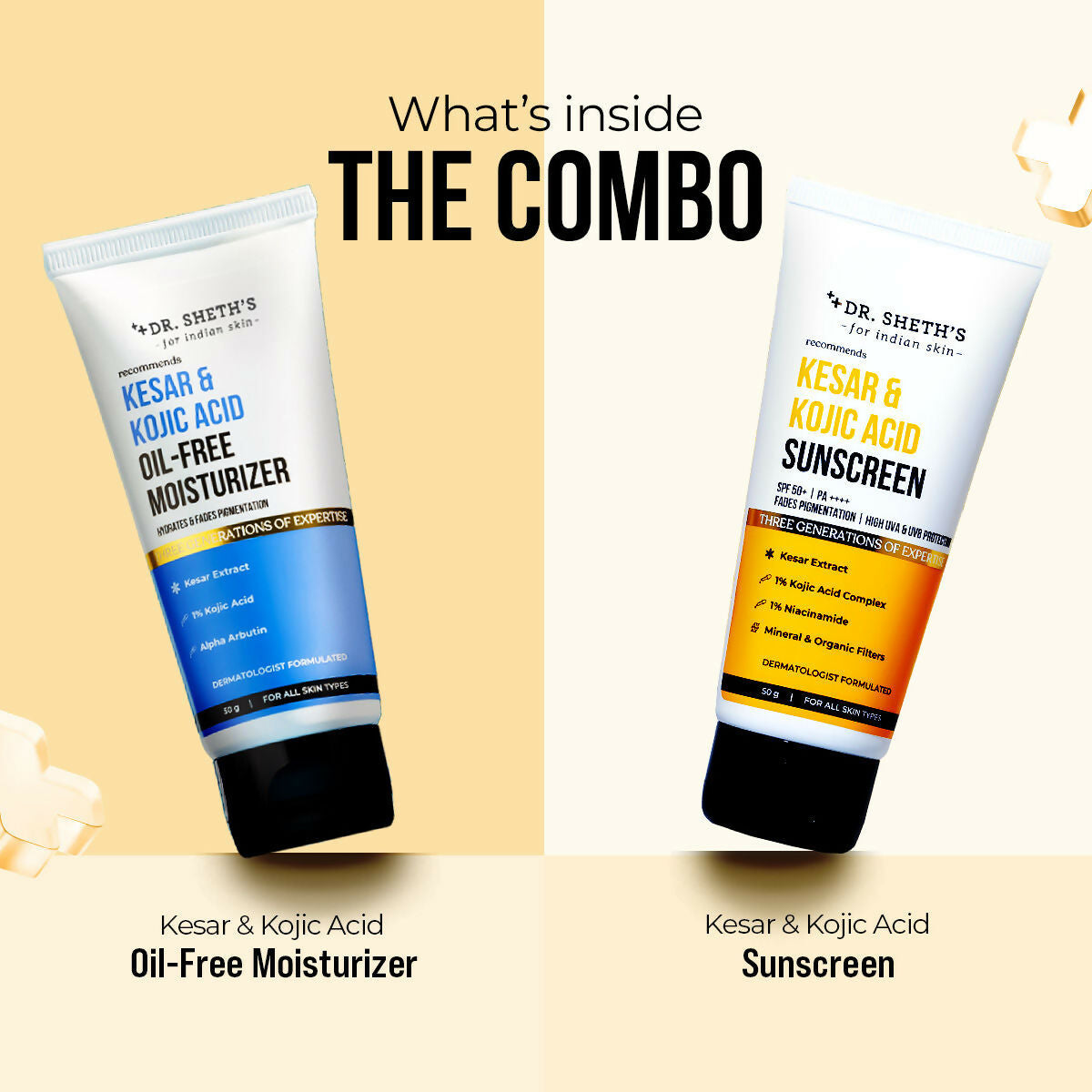 Dr. Sheth's Kesar & Kojic Acid Sunscreen & Oil-Free Moisturizer Combo - Hydrates & Fades Pigmentation