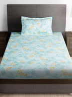 Story@home Arena Blue & Gold-Toned Printed 180 TC Bedsheet & Pillow Covers