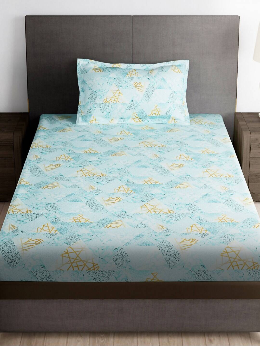 Story@home Arena Blue & Gold-Toned Printed 180 TC Bedsheet & Pillow Covers