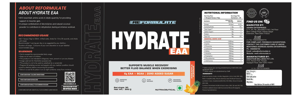 Reformulate Hydrate EAA I Supports Muscle Recovery | Zero Added Sugar | Improved Focus I Fluid Balance - Pine Apple