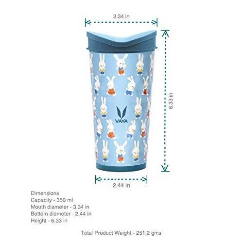 Vaya Drynk Stainless Steel Strawless Silicone Bunnies Print Spout Tumbler With Spill-Proof Pediasafe Lid - 350ml (Blue)