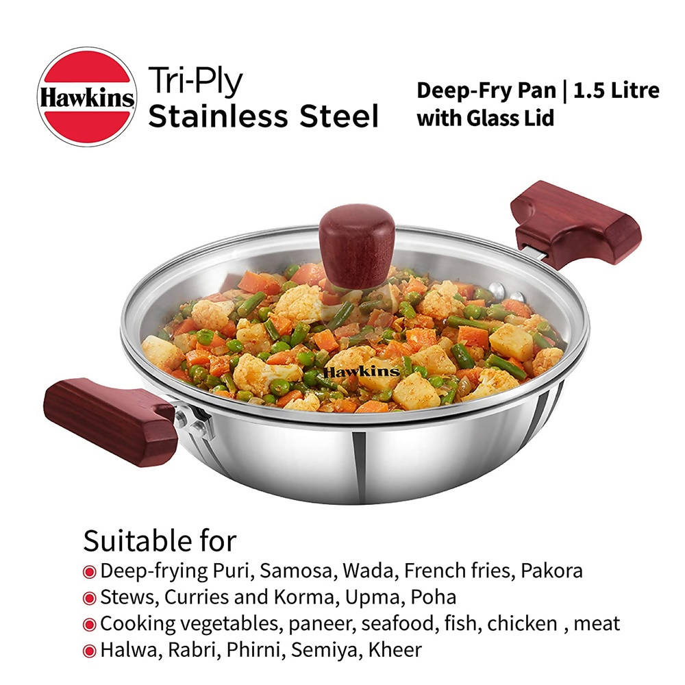 Hawkins Tri-Ply Stainless Steel Deep-Fry Pan with Glass Lid Silver (SSD15G)
