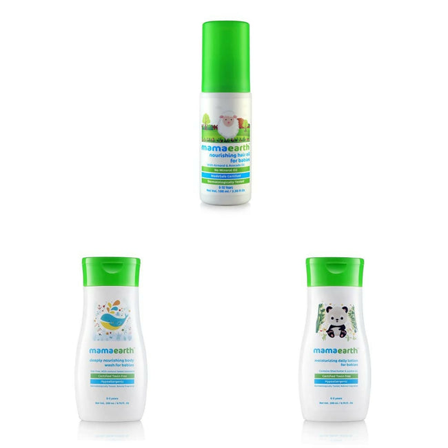 Mamaearth Daily Moisturizing Lotion & Deeply Nourishing Wash & Nourishing Hair Oil for Babies Hover Image
