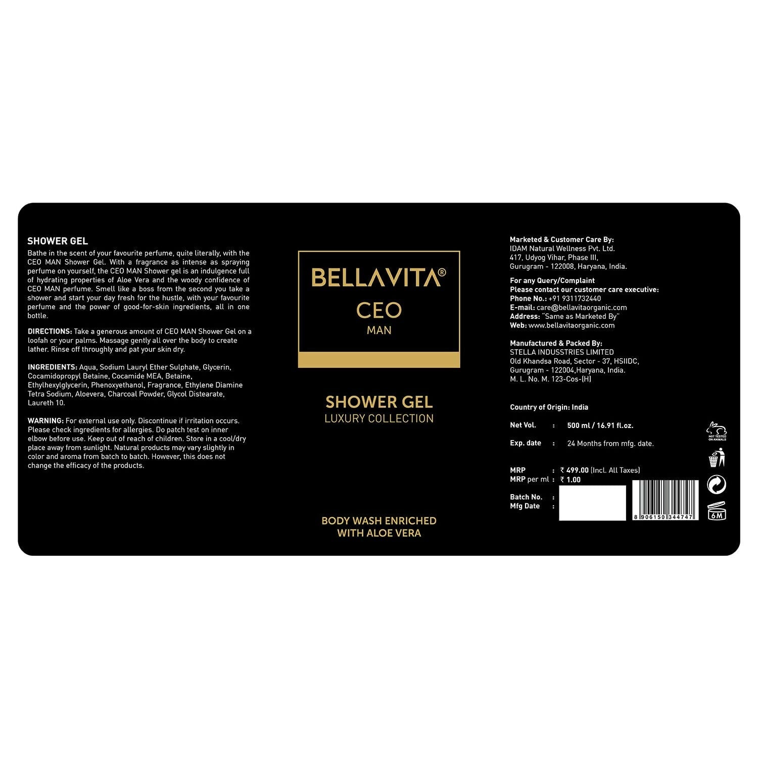 Bella Vita Luxury CEO MAN Shower Gel For Deep Cleansing, Hydrating & Moisturising Skin with Aloe Vera & Charcoal Powder