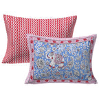 Rudra Bazaar Red Blue 210 TC Cotton Double King Bedsheet With 2 Pillow Covers