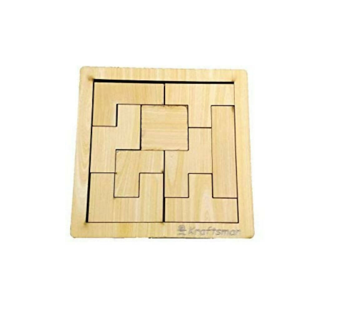 Kraftsman Portable Wooden Tetris Puzzle | 9 Pieces Puzzle 6x6 Board for Kids and Adults | Travel Pouch Included