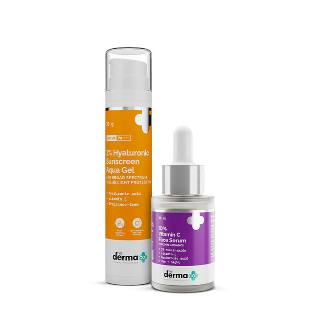 The Derma Co Radiance Combo - 10% Vitamin C Serum & 1% Hyaluronic Sunscreen Gel SPF 50 PA++++ Hover Image