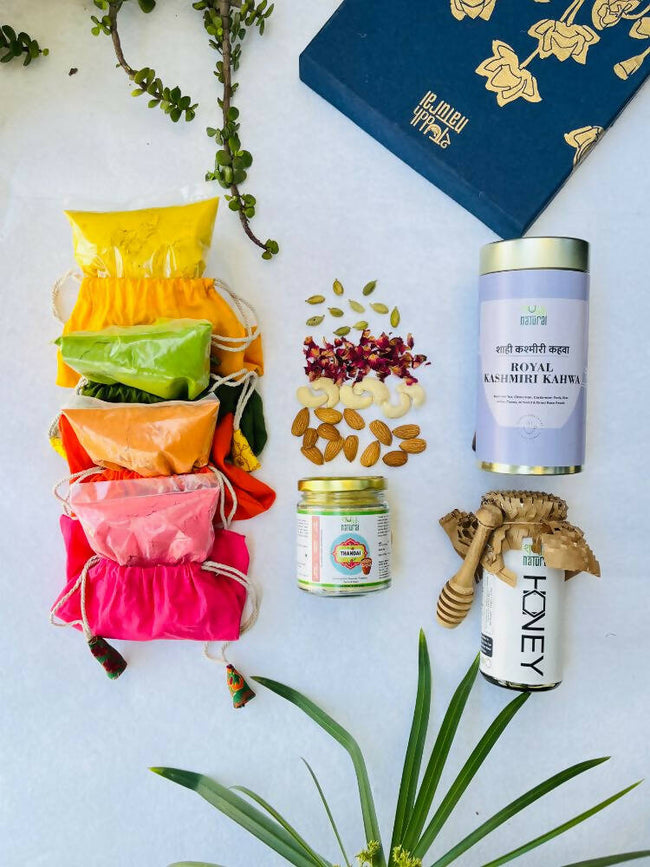 Shuddh Natural Ubtan Based Herbal Gulal | Ayurvedic Thandai Powder |Kashmiri Kahwa |Natural Honey | Holi Gift Hamper Hover Image