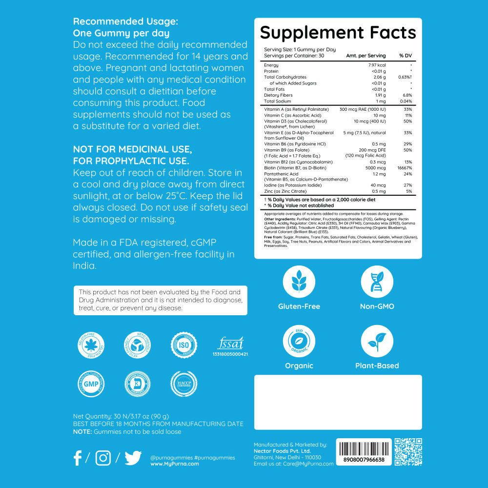 Purna Gummies Hair Biotin Blueberry Sugar Free Gummies with Vitamin B12 for Hair & Nails