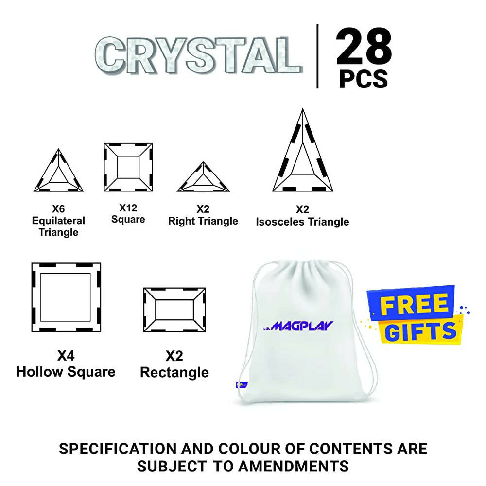 Kipa MagPlay Crystal 28 Pieces Magnetic Tiles, Set, Constructing and Creative Learning Educational Stem Toy with Smart Outdoor BagPack for Kids