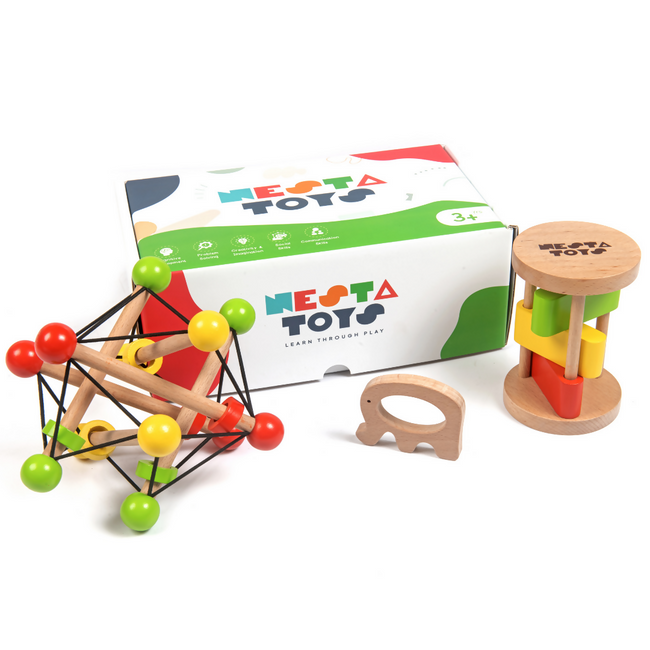 Nesta Toys Newborn Gift Set - Wooden Skwish Rattle, Clacker Rattle and Elephant Teether Hover Image