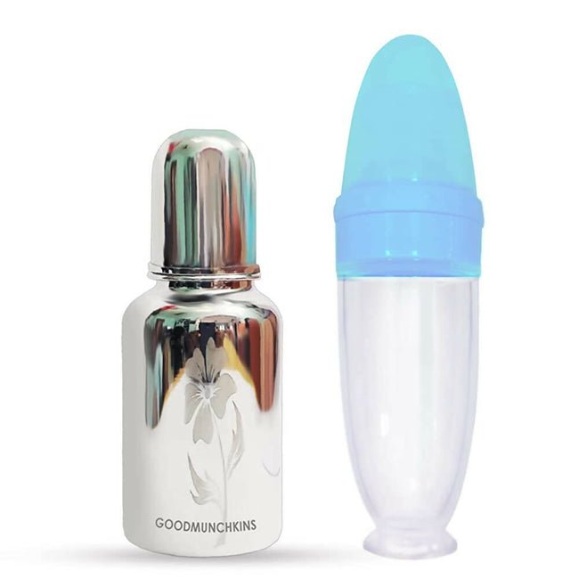Goodmunchkins Stainless Steel Feeding Bottle With Spoon Food Feeder for Baby Anti Colic Silicon Nipple Feeder 220 ml Combo Pack-Blue Main Image