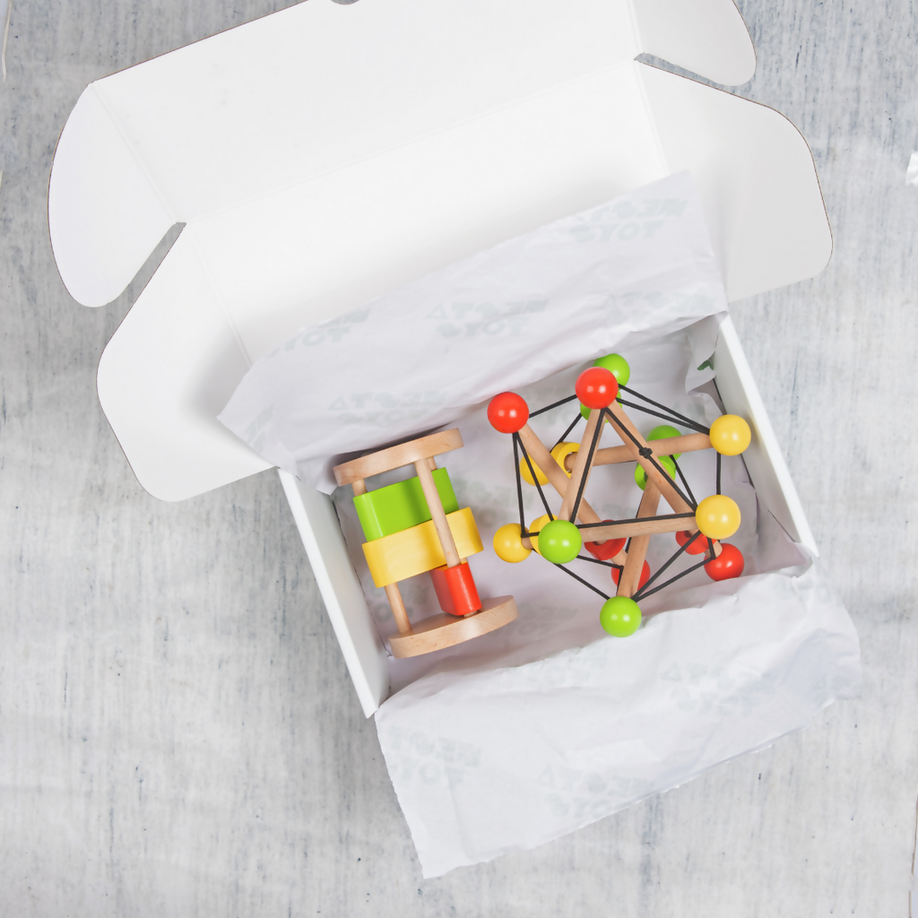 Nesta Toys Newborn Gift Set - Wooden Skwish Rattle, Clacker Rattle and Elephant Teether