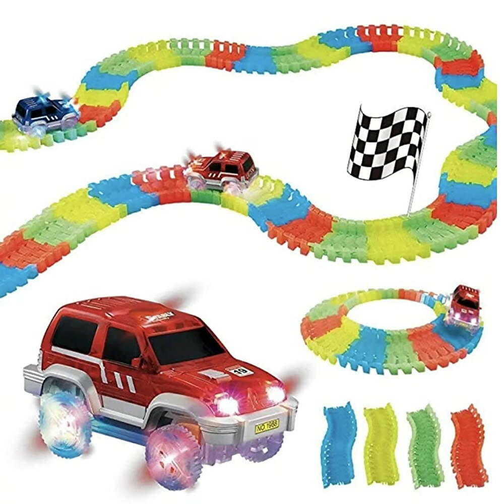 Kipa 2 Magic Race car with 238 Bend Flex and Glow Tracks, Plastic Magic 14 Feet Long Flexible Tracks Car Play Set for Kids (Multi Color)