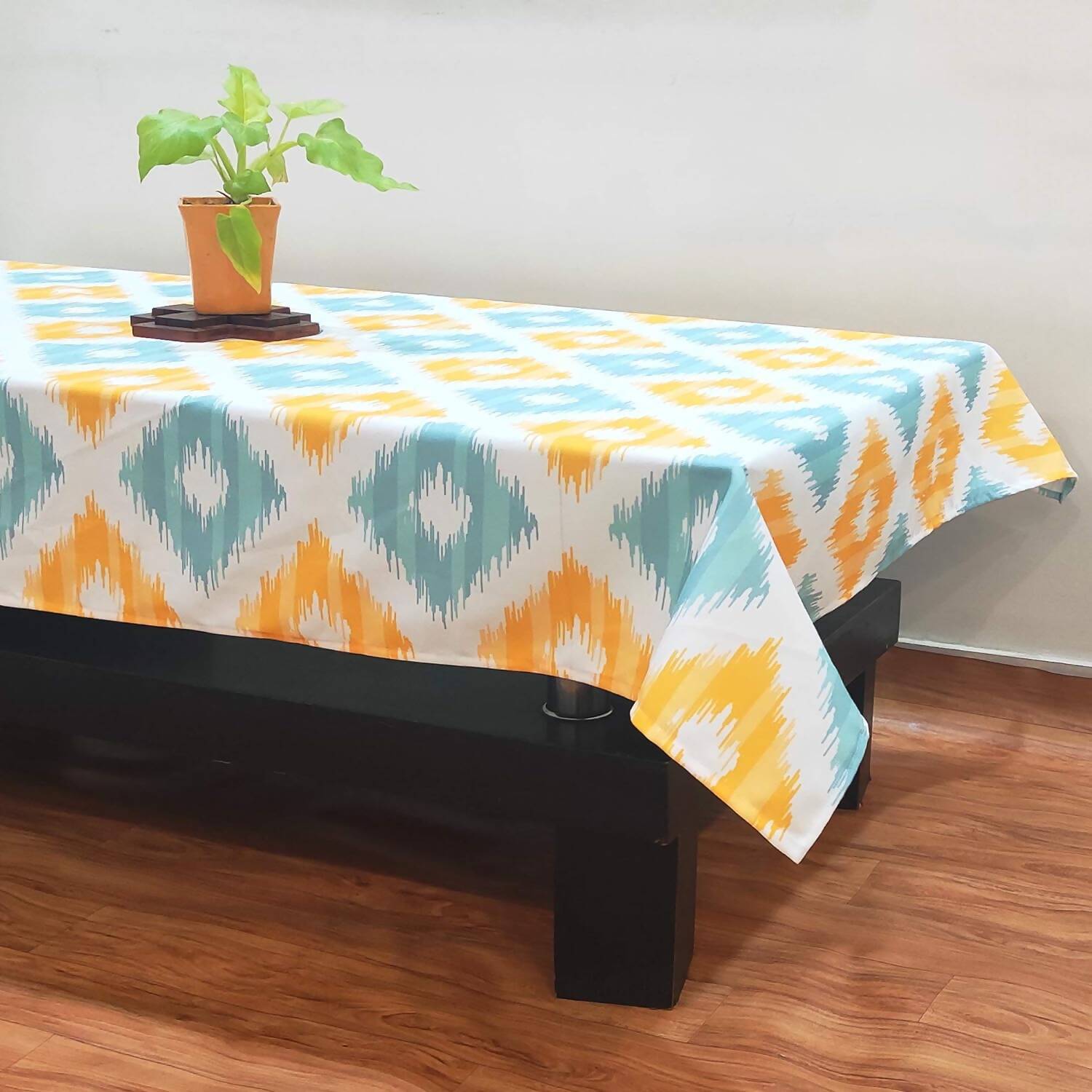 Stitchnest Ikat Yellow Teal Printed Poly Cotton Table Cover