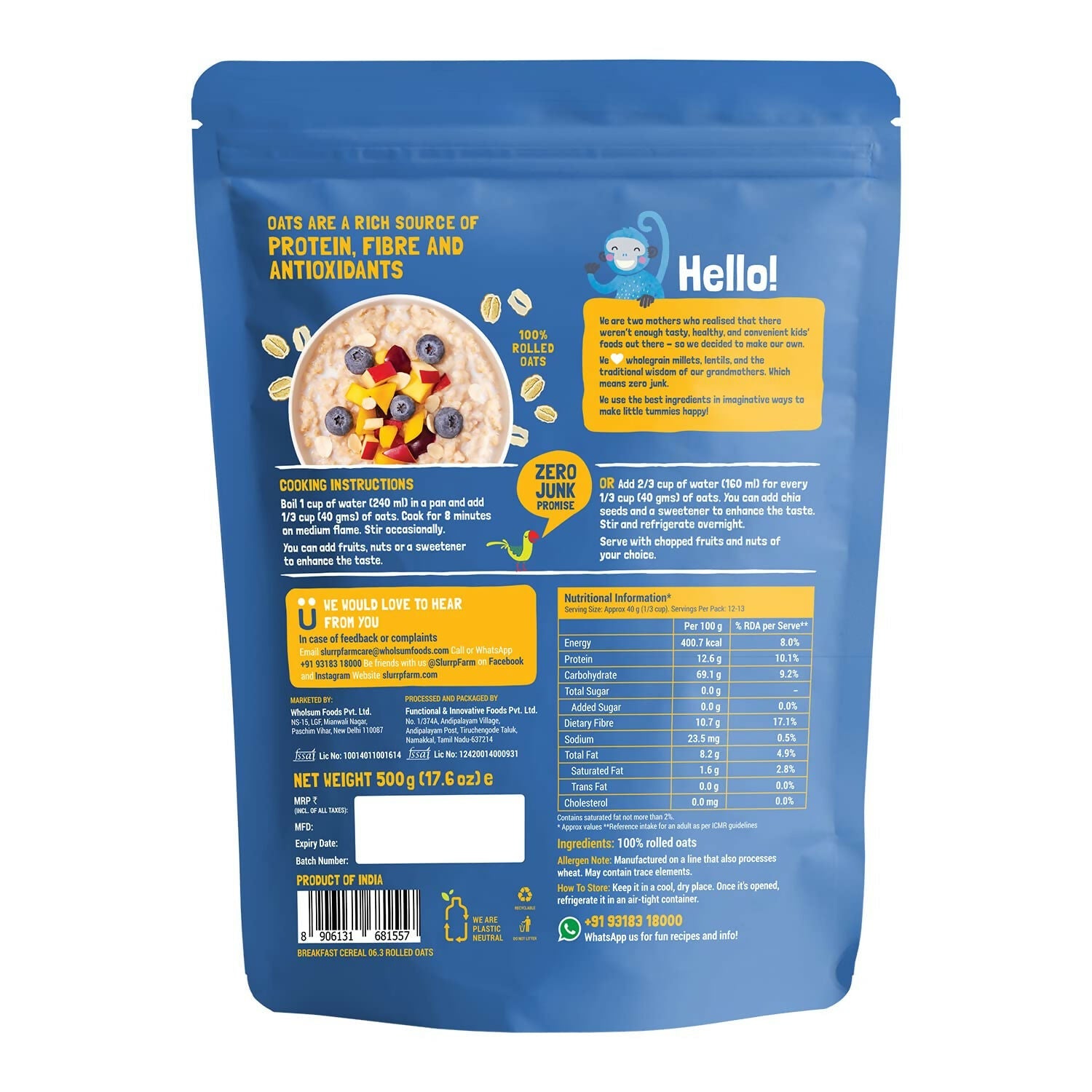 Slurrp Farm Rolled Oats (Jumbo Rolled) No Added Sugar