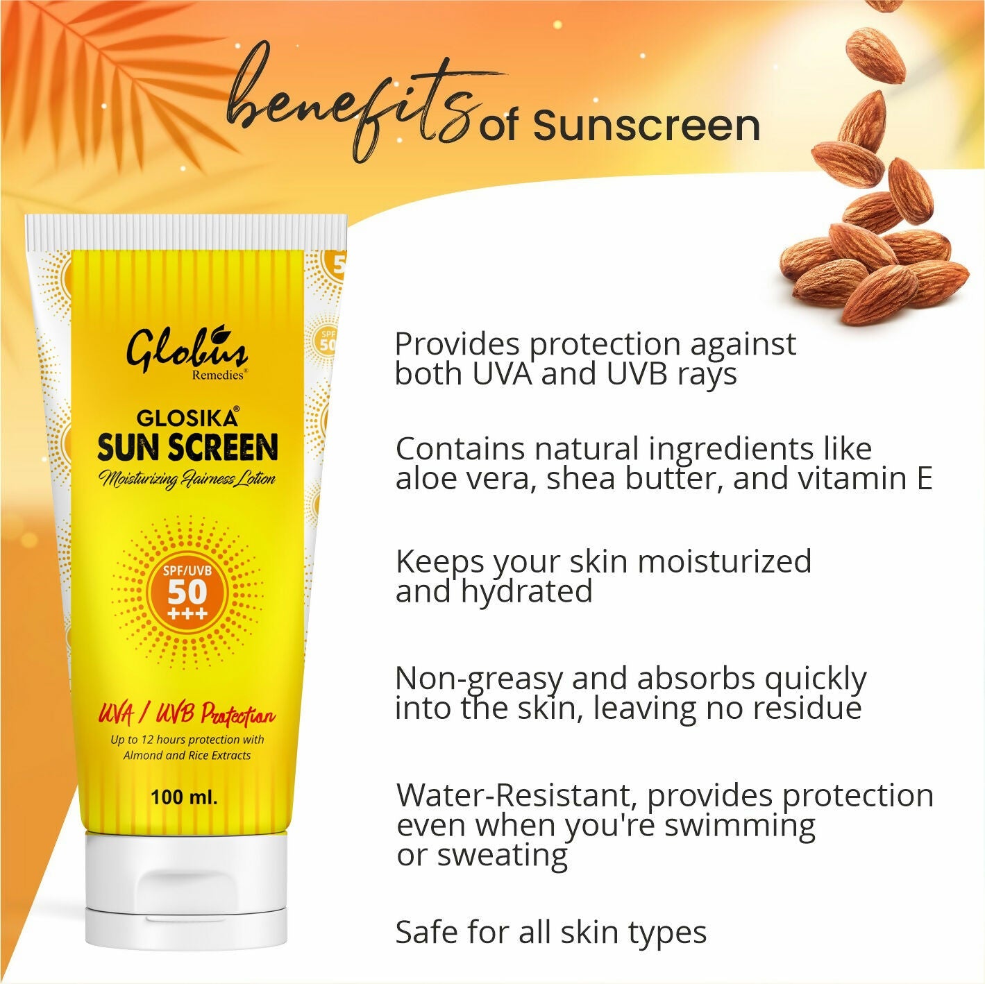 Globus Remedies Glosika Sunscreen Lotion, SPF 50 PA+++ Up to 12 hrs Protection