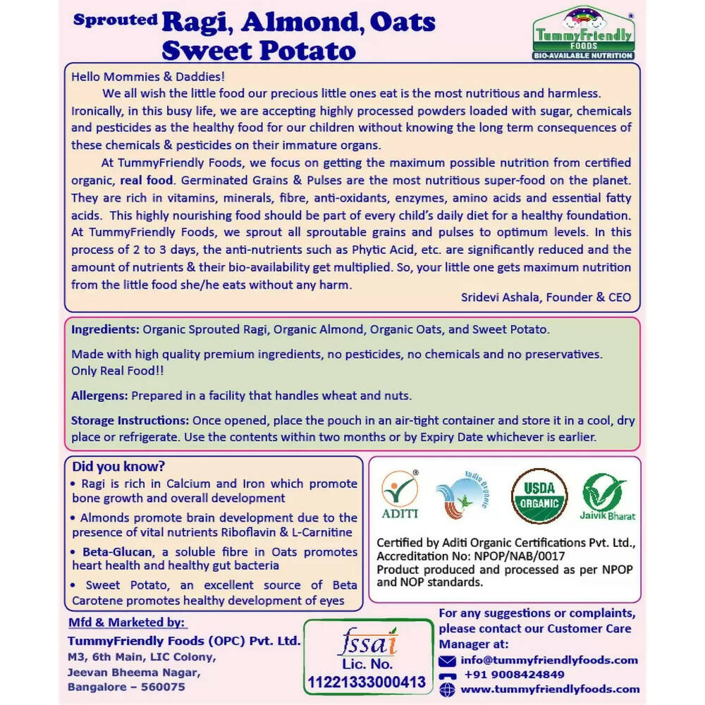 TummyFriendly Foods Certified Organic Sprouted Ragi, Almond, Oats, Sweet Potato Porridge Mix