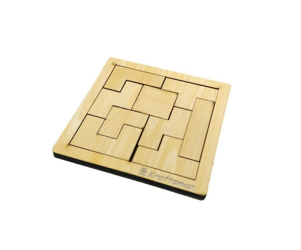 Kraftsman Portable Wooden Tetris Puzzle | 9 Pieces Puzzle 6x6 Board for Kids and Adults | Travel Pouch Included
