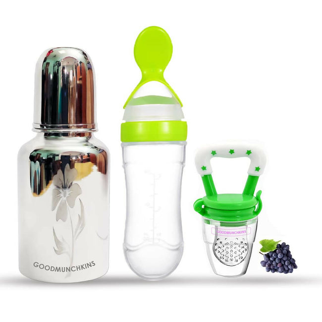 Goodmunchkins Stainless Steel Feeding Bottle, Food Feeder & Fruit Feeder Combo for Baby (Green-Green, 220ml) Hover Image