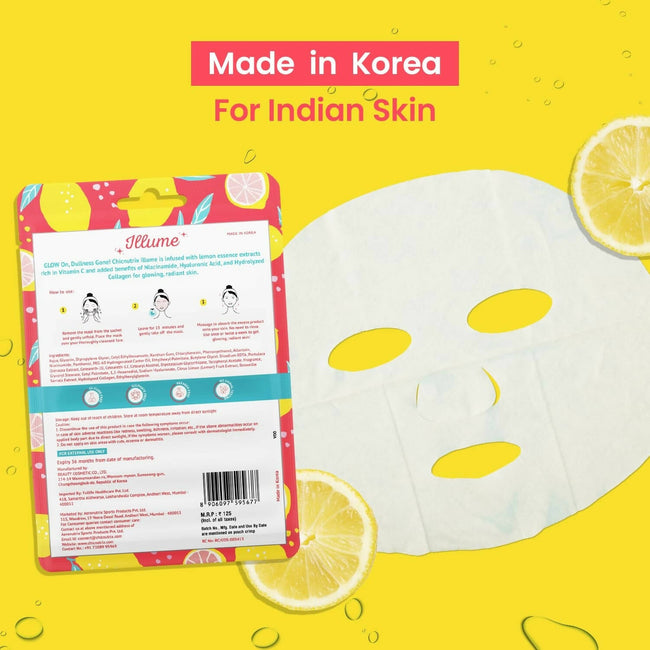 Chicnutrix Korean Illume Face Sheet Mask Infused With Lemon Essence Rich In Vitamin C Radiant and Glowing Skin, Korean Skincare Main Image