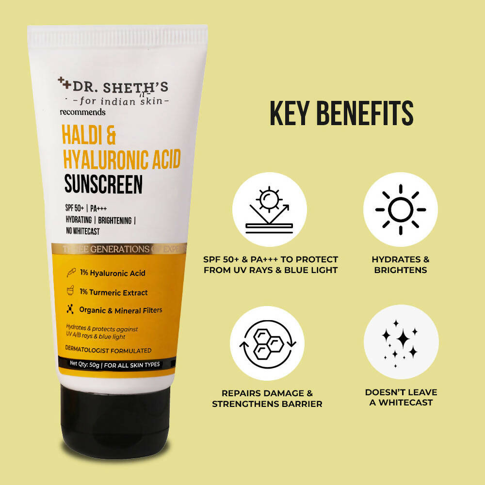 Dr. Sheth's Haldi & Hyaluronic Acid Sunscreen SPF 50+ | UVA/UVB & Blue Light Protection | Hydrating